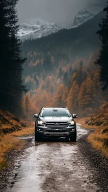 Off road SUV drives wet forest trail toward misty peaks.