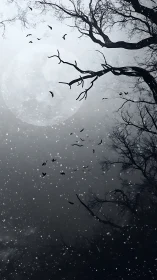 Dark winter moon with bare trees and scattered birds.