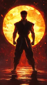 Martial artist stands silhouetted against blazing circular sun