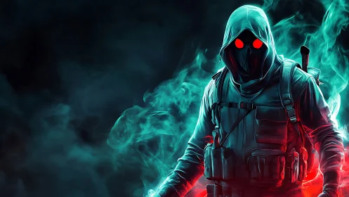 Hooded spectral soldier emerges from neon smoke and shadow.