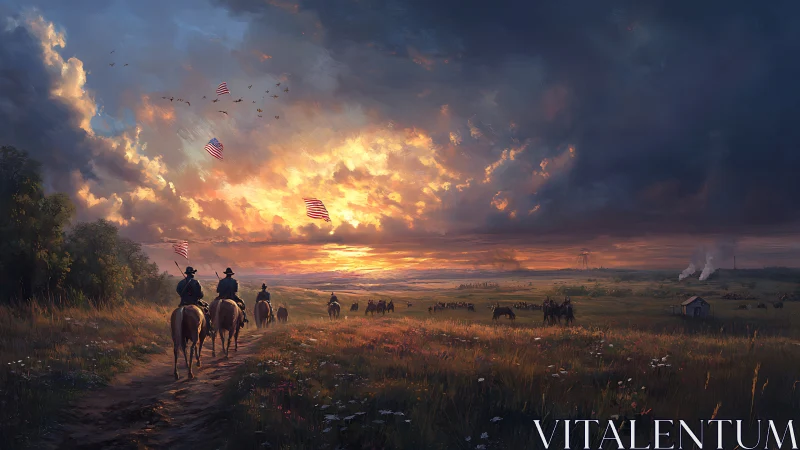 Cavalry column under stratified sunset over flowering prairie.