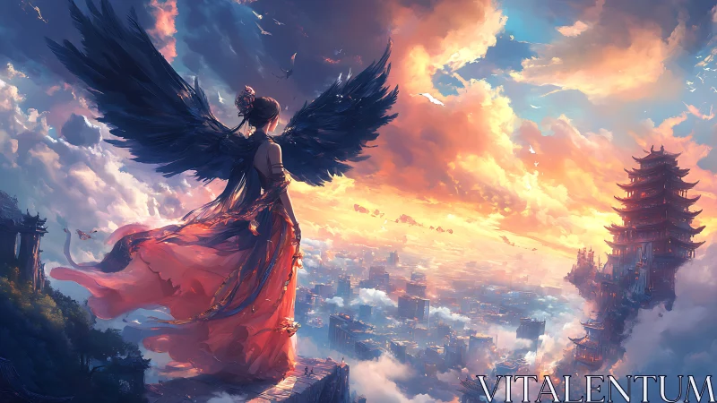 Winged guardian above sunrise city in ethereal fantasy panorama.
