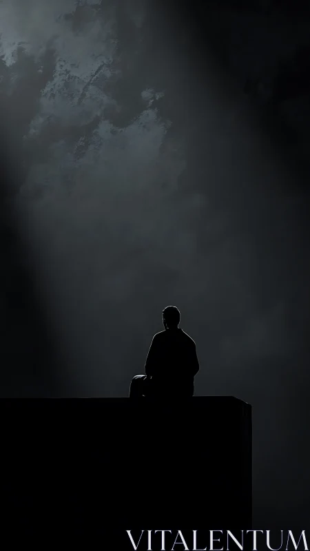 Silhouetted figure seated on elevated edge in dim light.