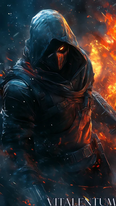 Hooded cyber warrior emerges from fire and frost-lit chaos.