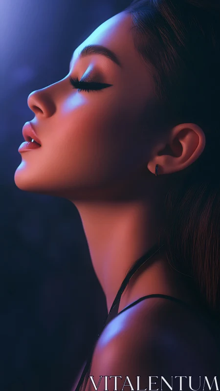 Side-profile portrait under neon rim light in deep blue glow.