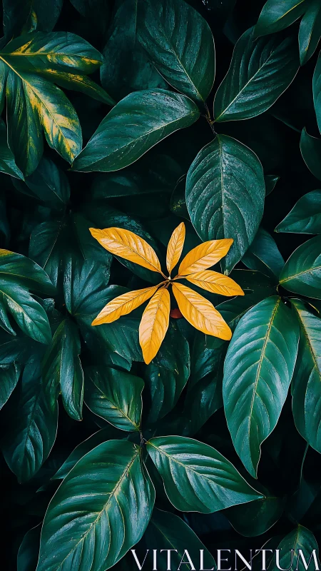 Golden rebel leaf glows against deep emerald jungle canopy.