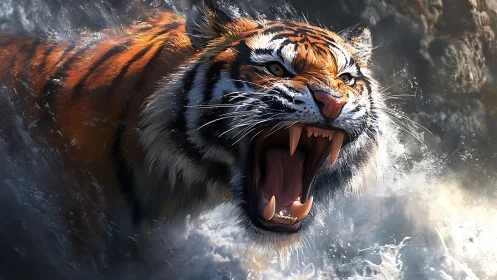 Roaring tiger lunges through turbulent whitewater with hyperreal fur detail