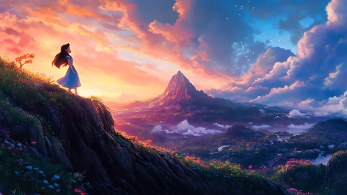 Girl on a glowing cliff gazing toward a distant sunrise valley.