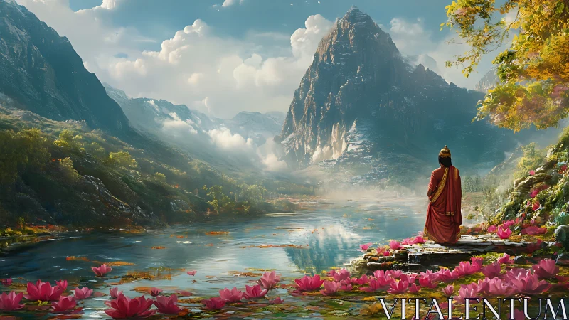 Monk in crimson gazes over lotus-wreathed mystic mountains.