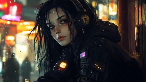 Neon night drifts around a thoughtful cyberpunk girl resting