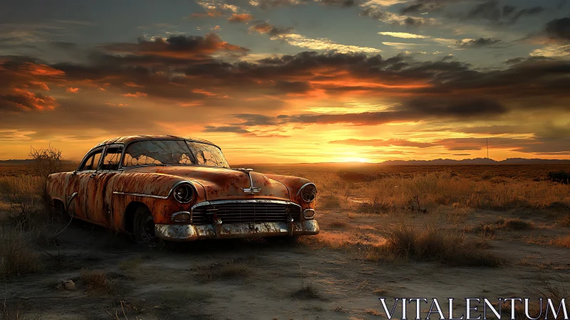Rusting classic car anchors desolate desert plain at sunset glow