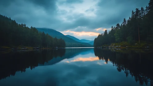 Calm forest lake with mountains under moody evening sky.
