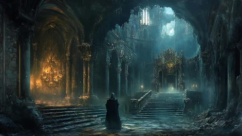 Lone wanderer entering a misty, ruined fantasy cathedral.