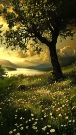 Backlit lakeside oak over daisied slope at golden hour.