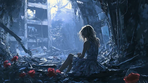 Digital painting of lone girl in ruined atrium with red blooms.