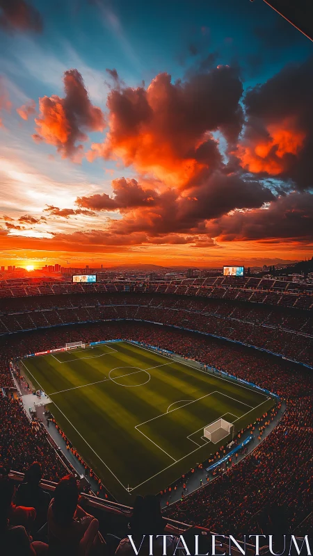 Sunset stadium panorama with vivid orange storm clouds.