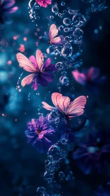 Iridescent butterflies with violet blooms in subaquatic bokeh
