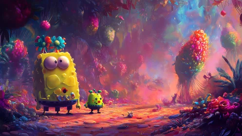 Cartoon sponge explorers walk through glowing candy jungle