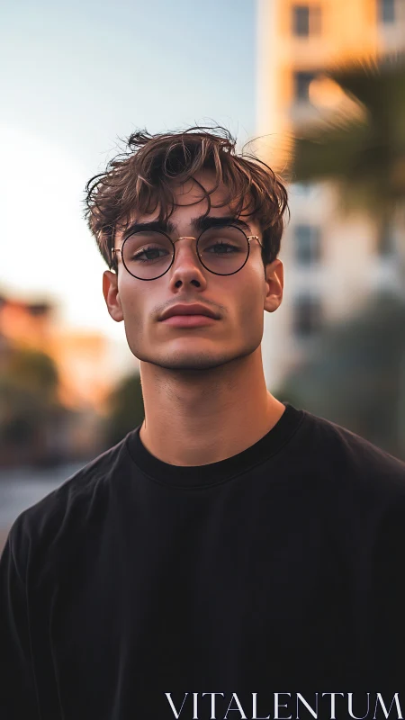 Warm city portrait of a thoughtful young man at sunset.