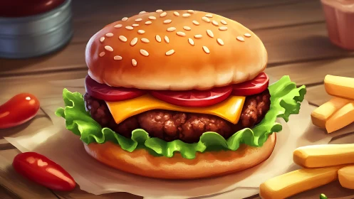 Sunlit burger throne crowns crispy fries in cozy glow