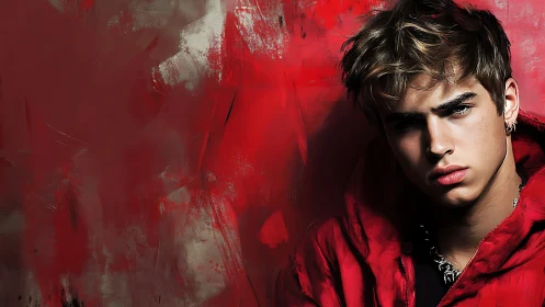 Crimson walls brood while a sharp-gazed youth burns quietly