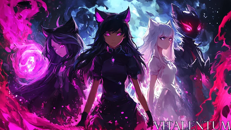 Cat-eared warriors stand amid swirling pink and blue magic