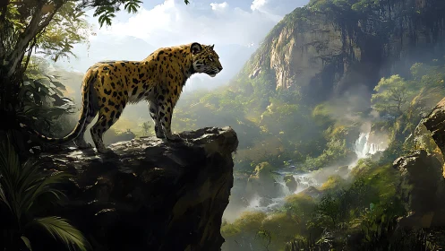 Solitary Leopard Ascending: Dramatic Canyon Sanctuary Landscape.