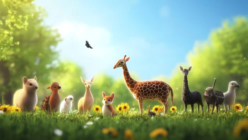 Cute stylized forest animals in bright spring meadow