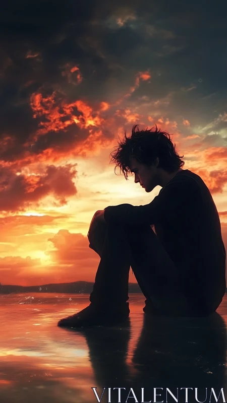 Solitary silhouette at dusk beneath blazing storm clouds.