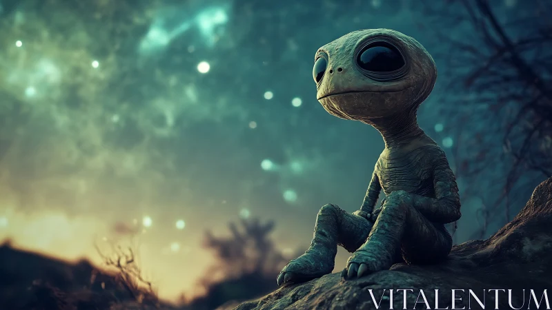 Melancholic alien child under teal nebula glow at dusk.