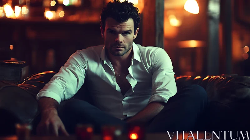 Brooding man on leather sofa under moody amber bar lights.