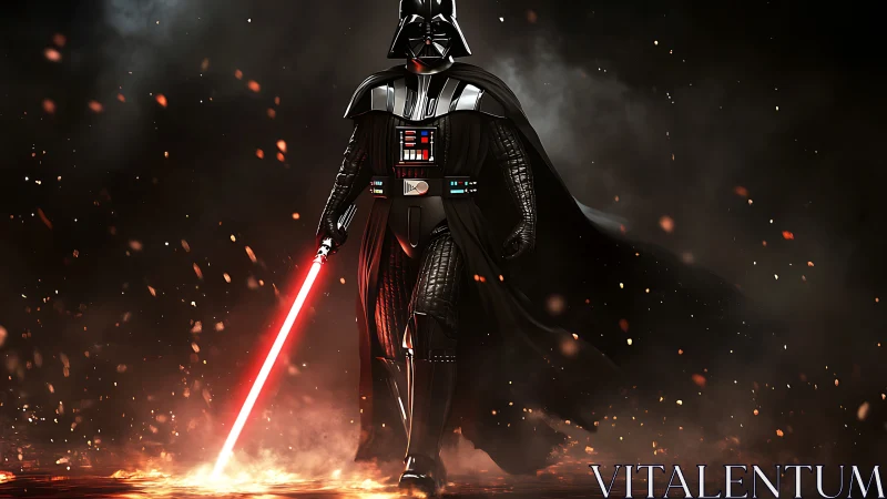 Armored dark warrior strides through embers with ignited blade