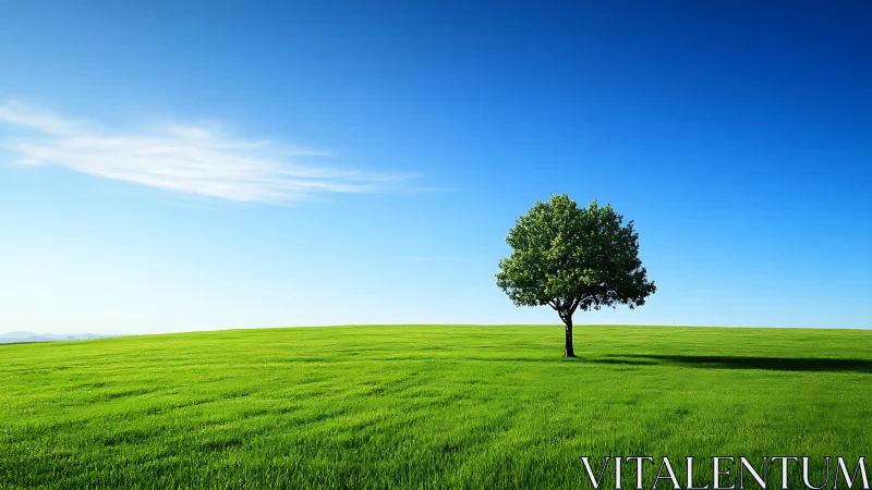 Solitary Tree on Vibrant Green Field Under Clear Blue Sky.