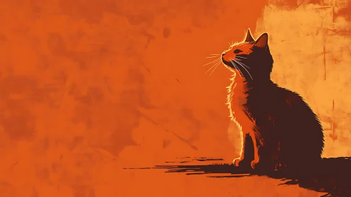 Silhouetted Cat Against Blazing Orange Sky.