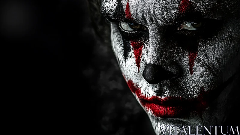 Close cropped portrait of clown makeup in dark setting.