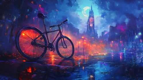 Neon Sentinel: Electric Bike Guarding Midnight's Cyberpunk Metropolis