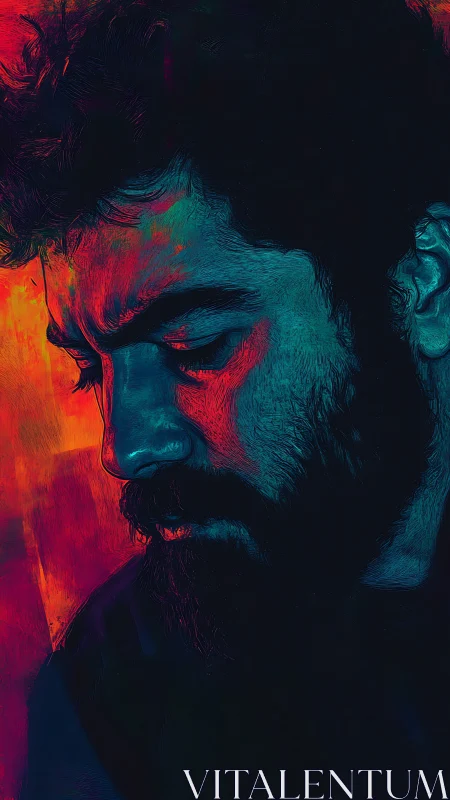 Side-lit male portrait uses neon duotone contrast and textured shading