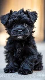 Fluffy black puppy gazes forward with bright curious eyes.