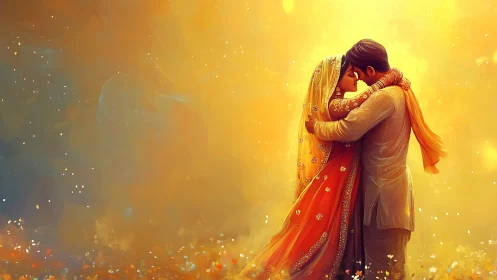 Embracing couple rendered in warm golden lighting with ceremonial attire