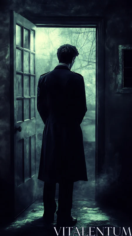 Noir threshold figure in mist-saturated doorway environment.