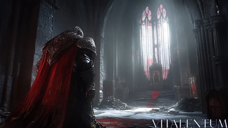 Armored figure in ruined gothic hall with stained glass.