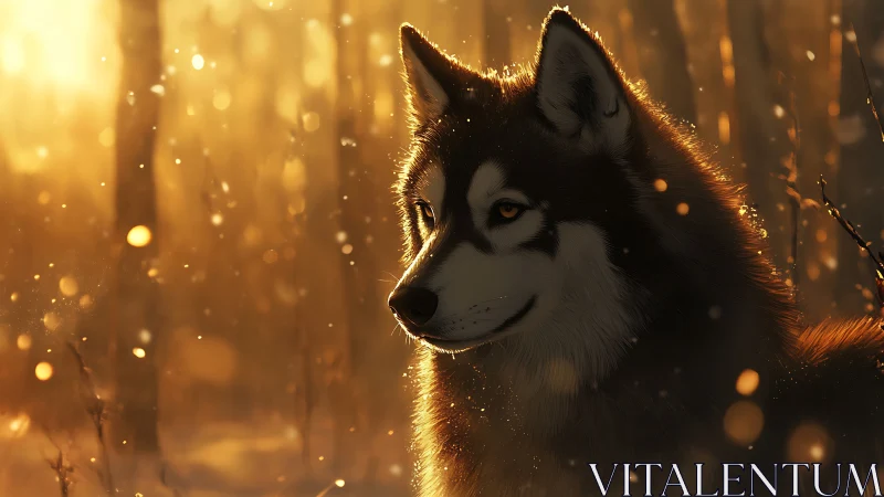 Golden dusk wolf gazes through ember-lit winter forest.
