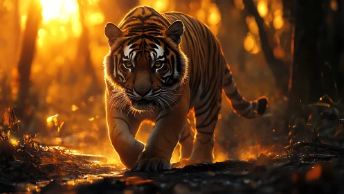 Sunlit tiger pads through ember fog in a molten forest