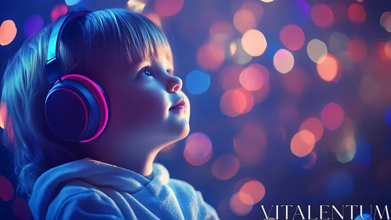 Toddler with headphones against colorful bokeh lights.