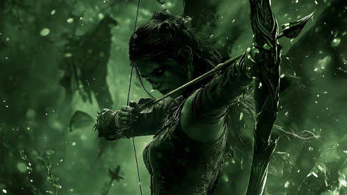 Hunter draws bowstring in dense glowing forest ambush