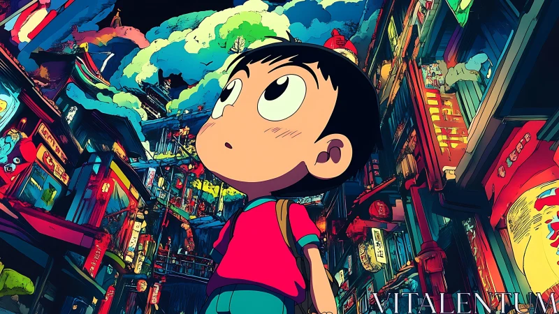 Curious child explores neon anime city under vivid skies.