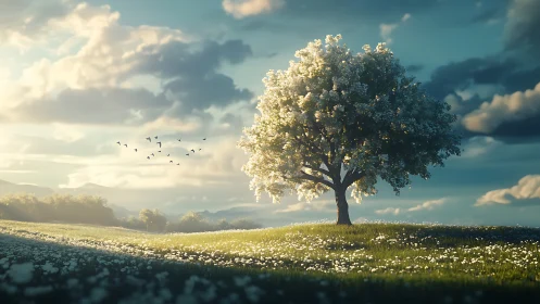 Solitary blossoming tree in peaceful meadow, cinematic lighting.
