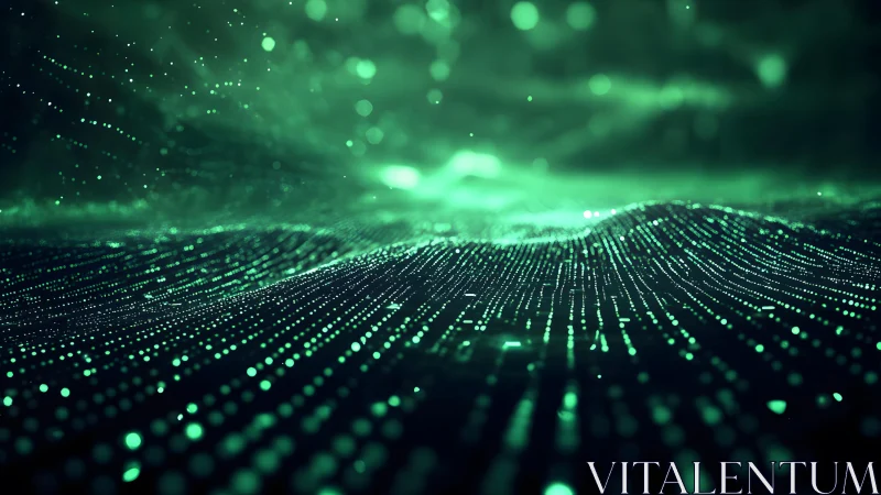 Futuristic Digital Landscape with Glowing Green Particles, Abstract Style.