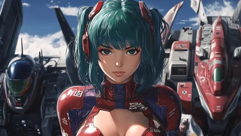 Mecha hangar pilot portrait with teal hair and red exosuit