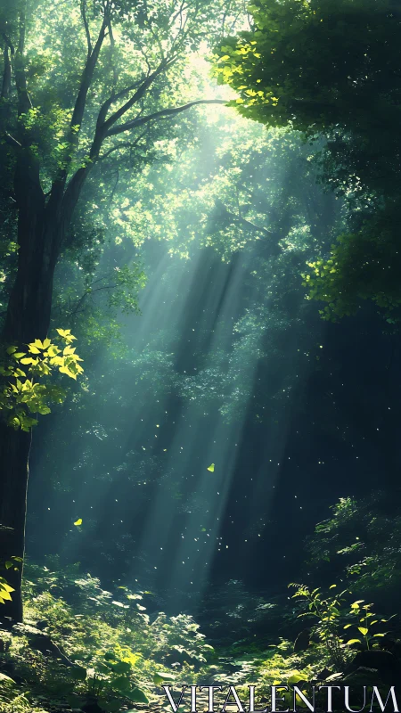 Forest Interior with Sunlight Rays Through Dense Canopy